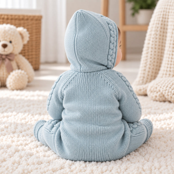 Infant Unisex Romper in Light Blue with Soft Knit Fabric, Comfortable Fit & Warm Fleece Hood