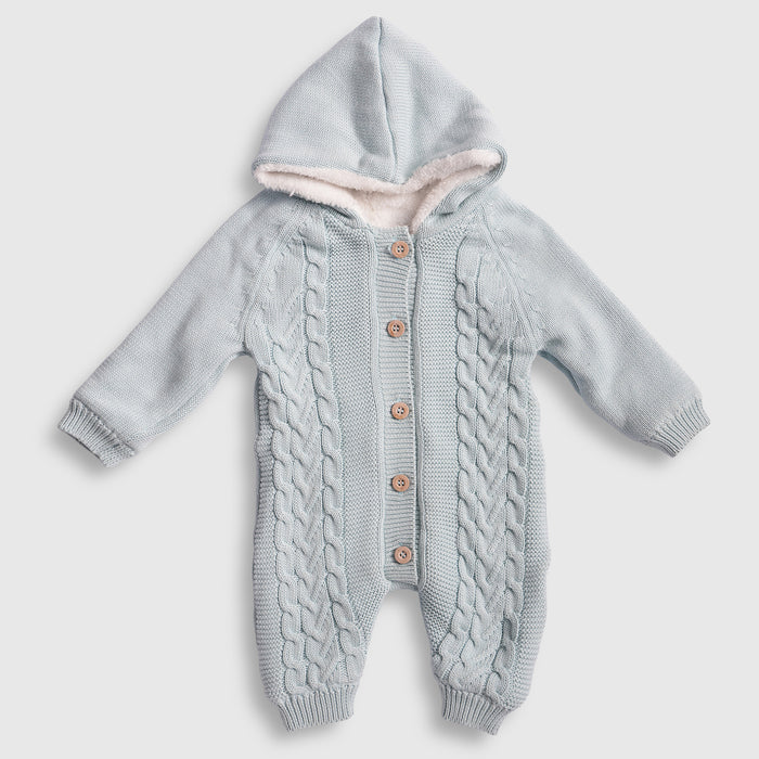 Infant Unisex Romper in Light Blue with Soft Knit Fabric, Comfortable Fit & Warm Fleece Hood