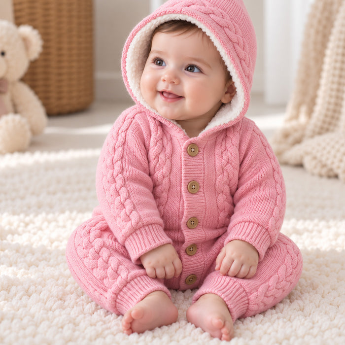Infant Unisex Romper in Light Pink with Soft Knit Fabric, Comfortable Fit & Warm Fleece Hood