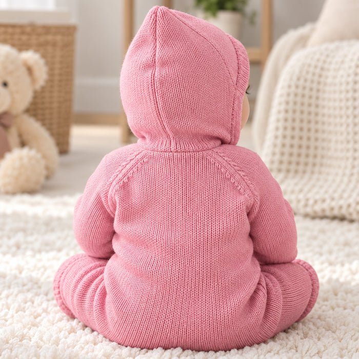 Infant Unisex Romper in Light Pink with Soft Knit Fabric, Comfortable Fit & Warm Fleece Hood