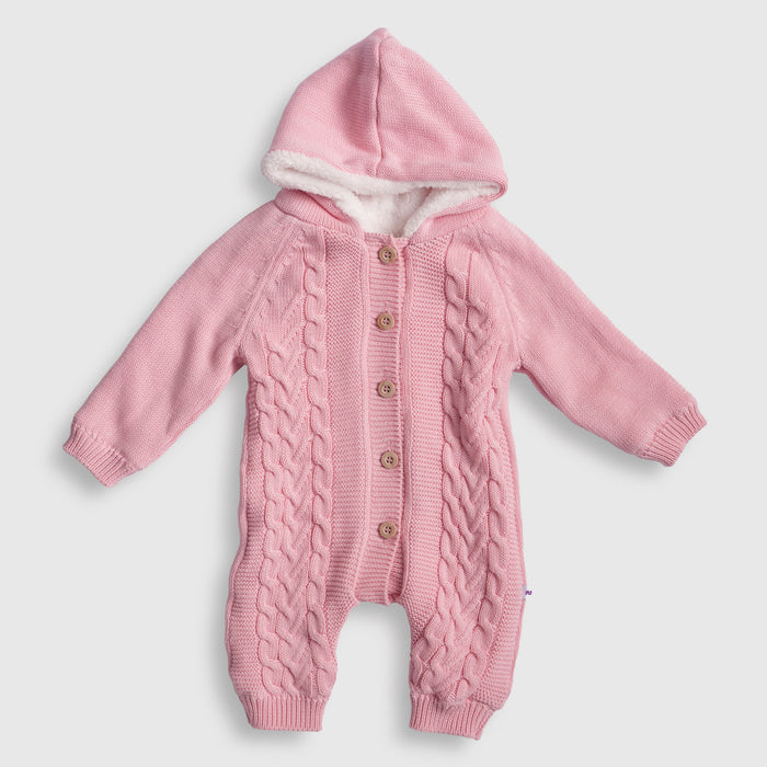 Infant Unisex Romper in Light Pink with Soft Knit Fabric, Comfortable Fit & Warm Fleece Hood