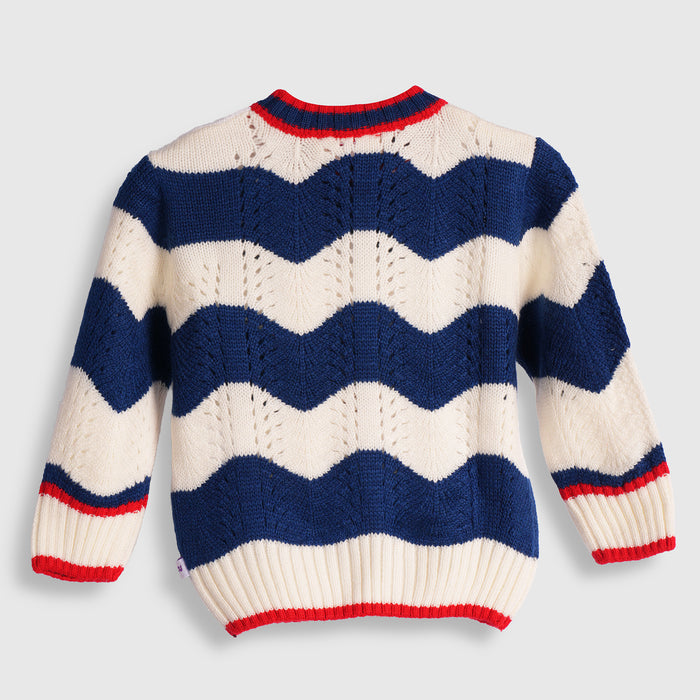 Infant Unisex Sweater in Blue White with Soft Knit Fabric, Regular Comfort Fit & Wavy Pattern
