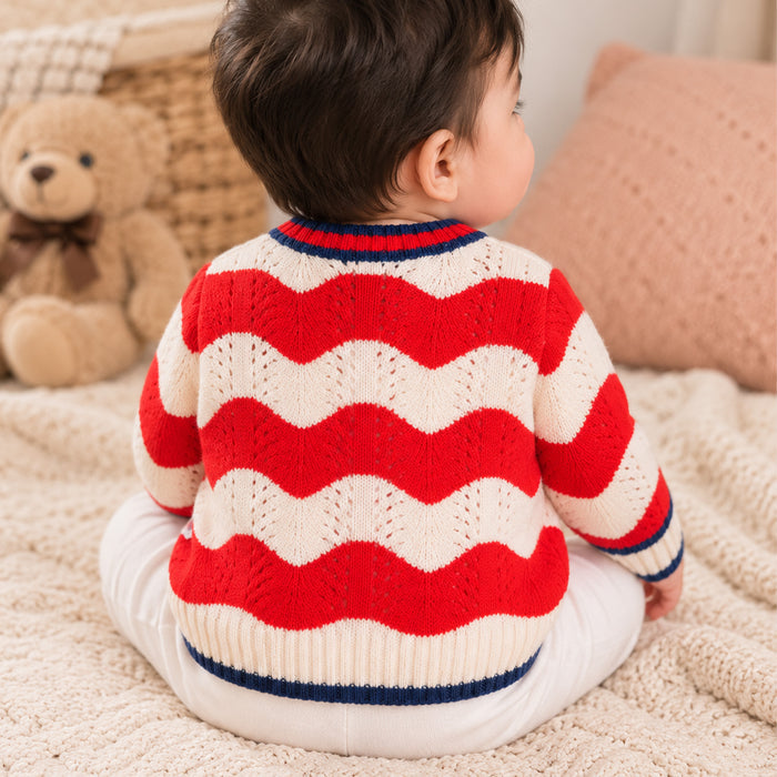 Infant Unisex Sweater in Red White with Soft Knit Fabric, Regular Comfort Fit & Wavy Pattern