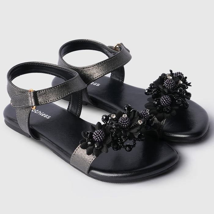 Kids Black Floral Strap Girls Sandals with Flexible Sole & Adjustable Fit for Easy Wear