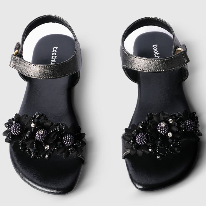 Kids Black Floral Strap Girls Sandals with Flexible Sole & Adjustable Fit for Easy Wear