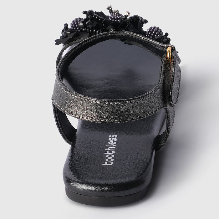 Kids Black Floral Strap Girls Sandals with Flexible Sole & Adjustable Fit for Easy Wear