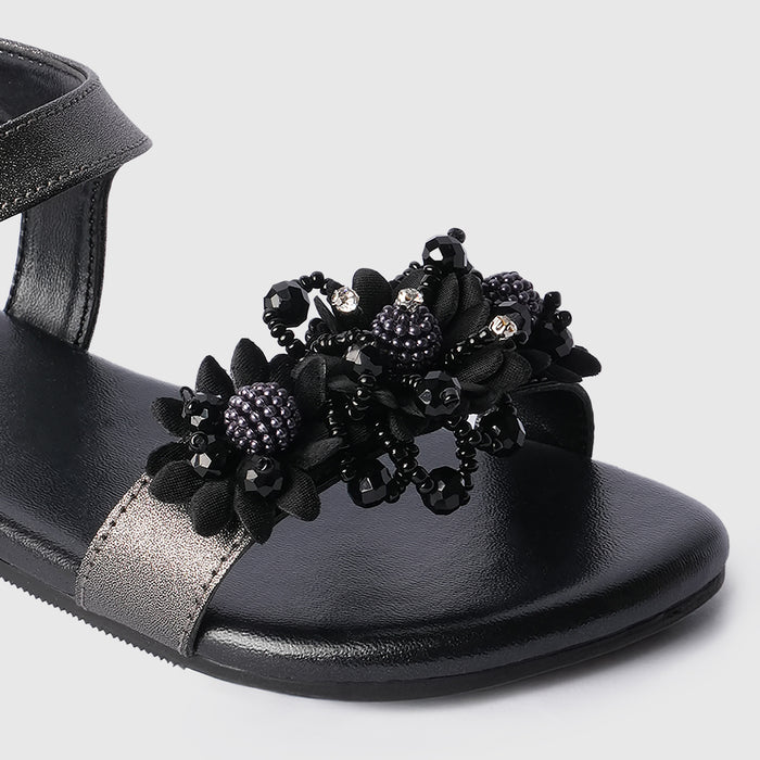 Kids Black Floral Strap Girls Sandals with Flexible Sole & Adjustable Fit for Easy Wear