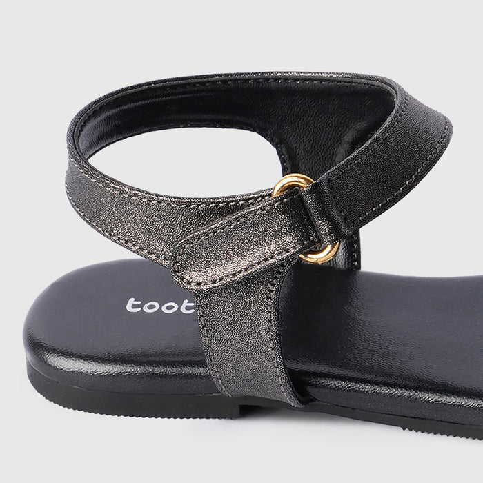 Kids Black Floral Strap Girls Sandals with Flexible Sole & Adjustable Fit for Easy Wear
