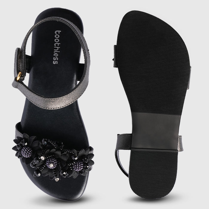 Kids Black Floral Strap Girls Sandals with Flexible Sole & Adjustable Fit for Easy Wear