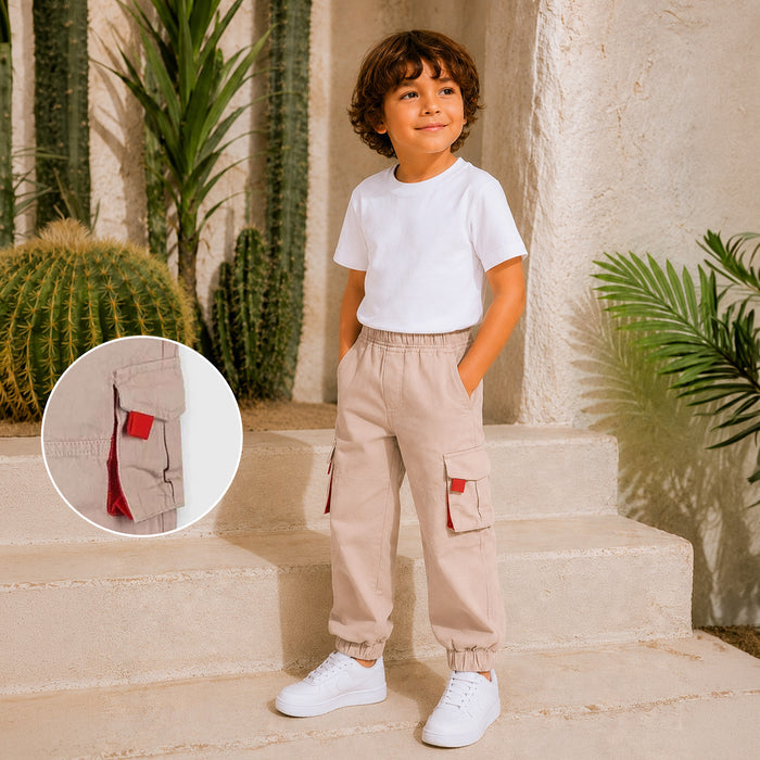 Kids Boys Beige Cotton Twill Cargo Trousers