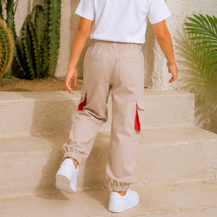 Kids Boys Beige Cotton Twill Cargo Trousers