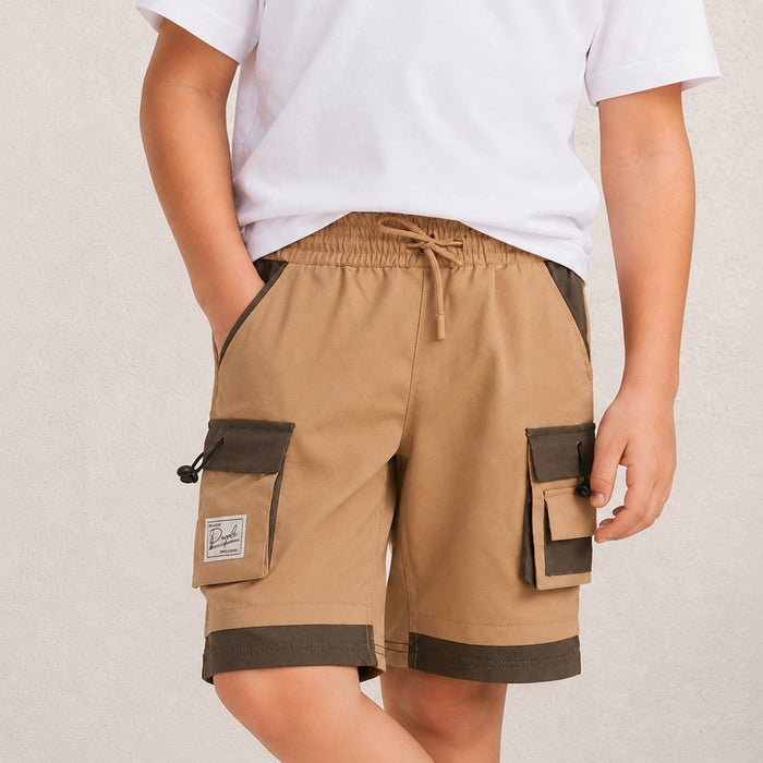 Kids Boys Bermuda in Beige with Cargo Pockets, Contrast Panels & Drawcord Comfort Waist