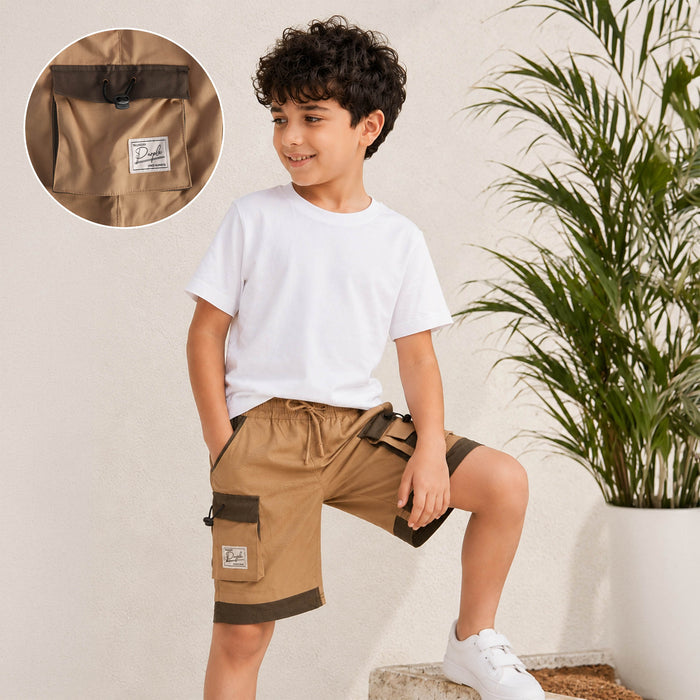 Kids Boys Bermuda in Beige with Cargo Pockets, Contrast Panels & Drawcord Comfort Waist