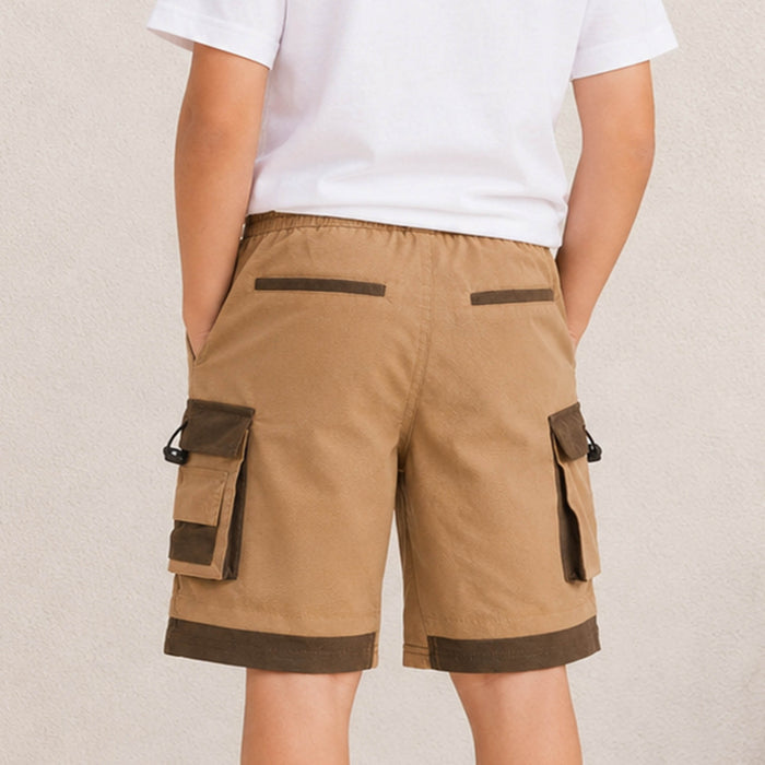 Kids Boys Bermuda in Beige with Cargo Pockets, Contrast Panels & Drawcord Comfort Waist