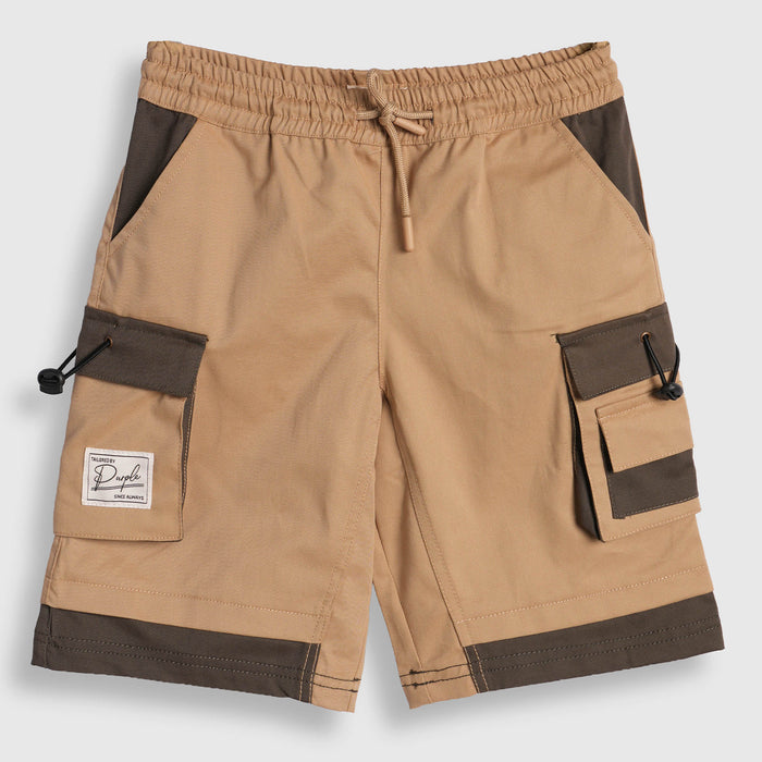 Kids Boys Bermuda in Beige with Cargo Pockets, Contrast Panels & Drawcord Comfort Waist