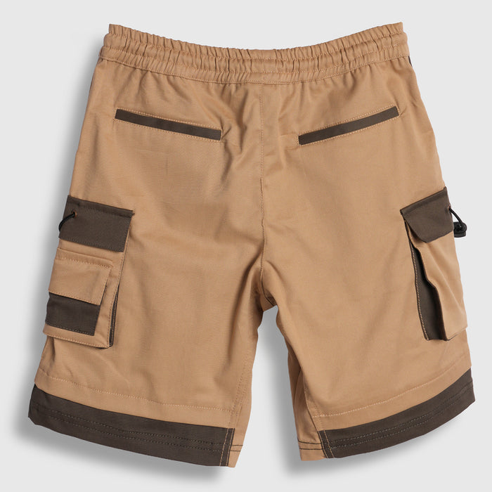 Kids Boys Bermuda in Beige with Cargo Pockets, Contrast Panels & Drawcord Comfort Waist