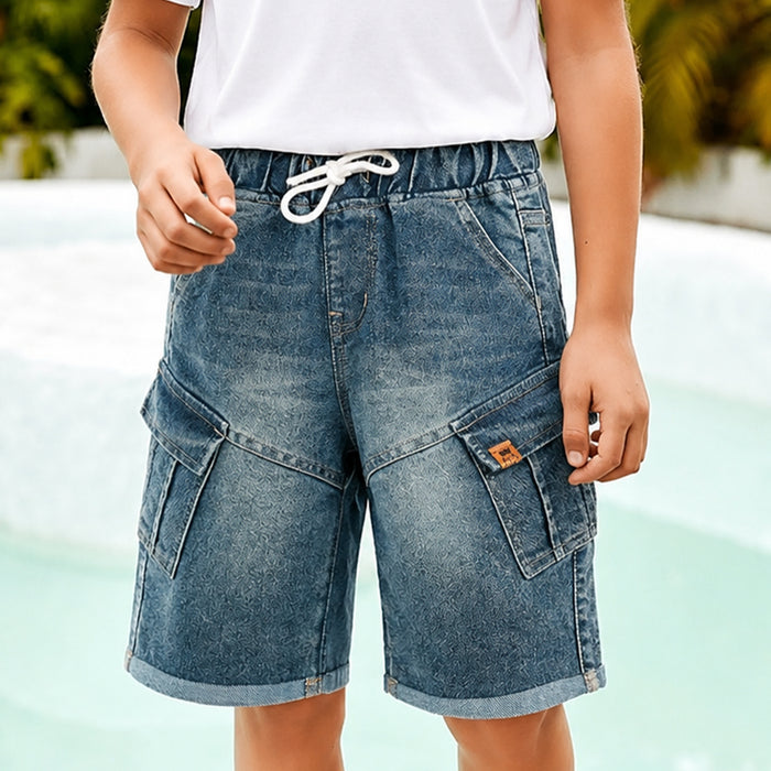 Kids Boys Bermuda in Blue Denim with Utility Pockets & Relaxed Fit, Perfect for Activewear
