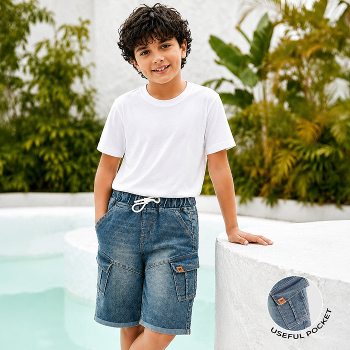 Kids Boys Bermuda in Blue Denim with Utility Pockets & Relaxed Fit, Perfect for Activewear