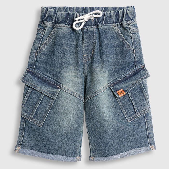 Kids Boys Bermuda in Blue Denim with Utility Pockets & Relaxed Fit, Perfect for Activewear