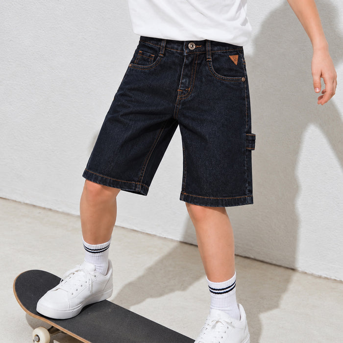 Kids Boys Bermuda in Dark Blue Denim with Cargo Pocket & Contrast Stitching