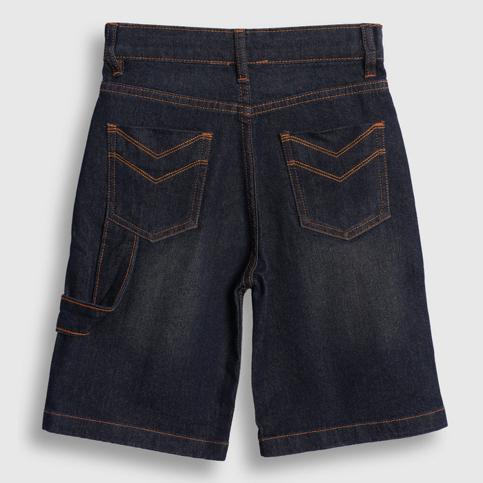 Kids Boys Bermuda in Dark Blue with Cargo Pockets, Contrast Stitching & Denim Fabric