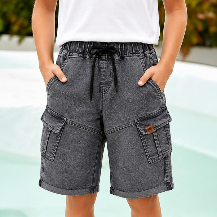 Kids Boys Bermuda in Grey Denim with Utility Pockets & Relaxed Fit, Perfect for Activewear
