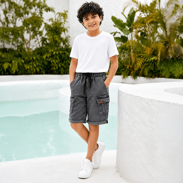 Kids Boys Bermuda in Grey Denim with Utility Pockets & Relaxed Fit, Perfect for Activewear