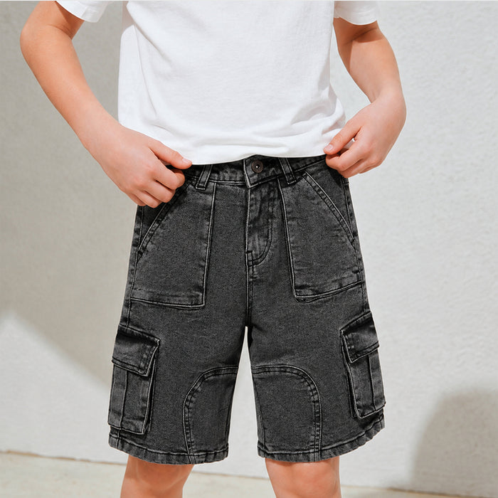 Kids Boys Bermuda in Grey with Cargo Pocket Detail, Washed Denim Finish & Relaxed Comfort Fit