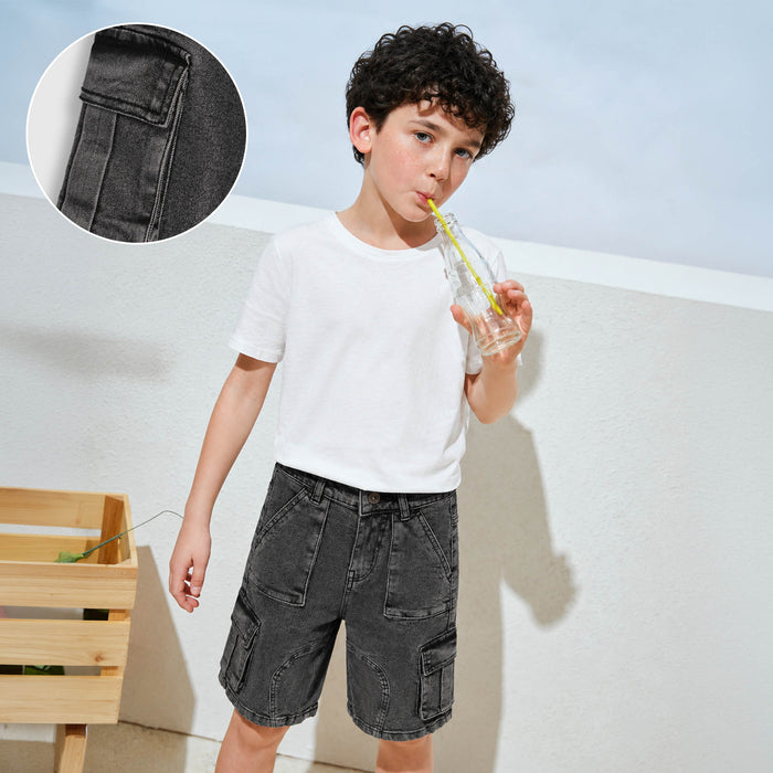 Kids Boys Bermuda in Grey with Cargo Pocket Detail, Washed Denim Finish & Relaxed Comfort Fit