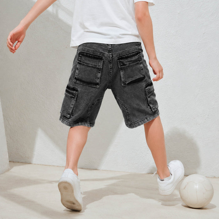 Kids Boys Bermuda in Grey with Cargo Pocket Detail, Washed Denim Finish & Relaxed Comfort Fit