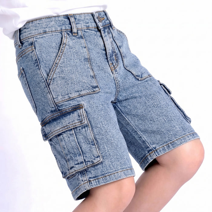 Kids Boys Bermuda in Light Blue Denim with Cargo Pockets, Comfort Fit for Active Kids