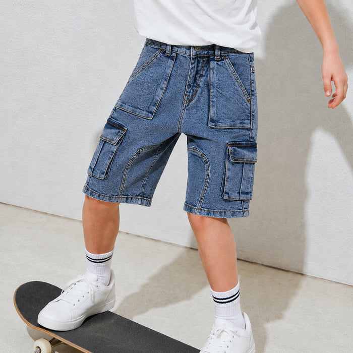 Kids Boys Bermuda in Light Blue with Cargo Pockets, Washed Denim Finish & Relaxed Comfort Fit