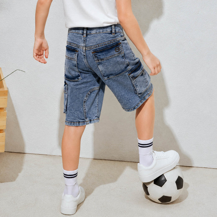 Kids Boys Bermuda in Light Blue with Cargo Pockets, Washed Denim Finish & Relaxed Comfort Fit