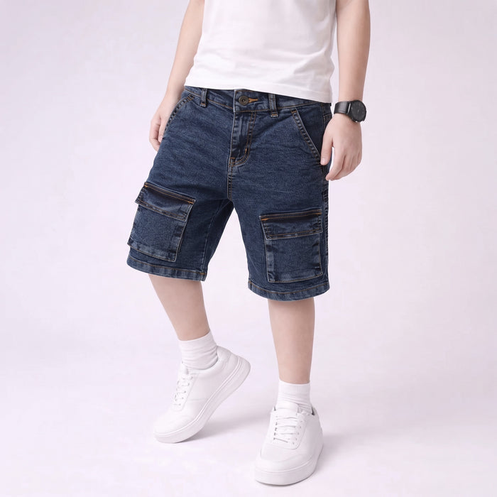 Kids Boys Bermuda in Mid Blue Denim with Cargo Utility Pocket Design for Active Kids Wear