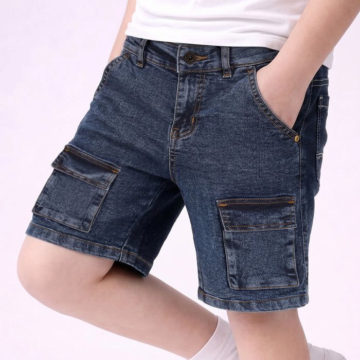 Kids Boys Bermuda in Mid Blue Denim with Cargo Utility Pocket Design for Active Kids Wear