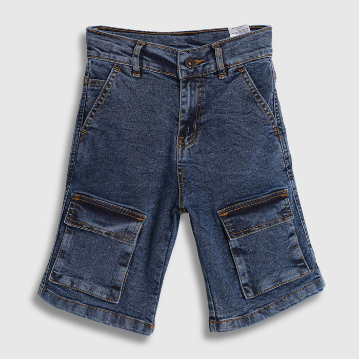 Kids Boys Bermuda in Mid Blue Denim with Cargo Utility Pocket Design for Active Kids Wear