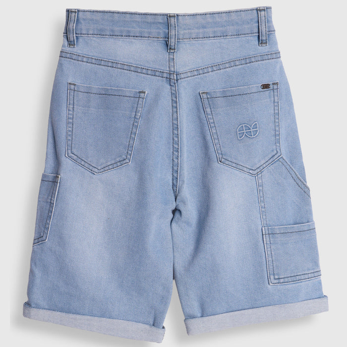 Kids Boys Bermuda in Mid Blue with Cargo Pockets, Rolled Hem & Soft Denim Fabric