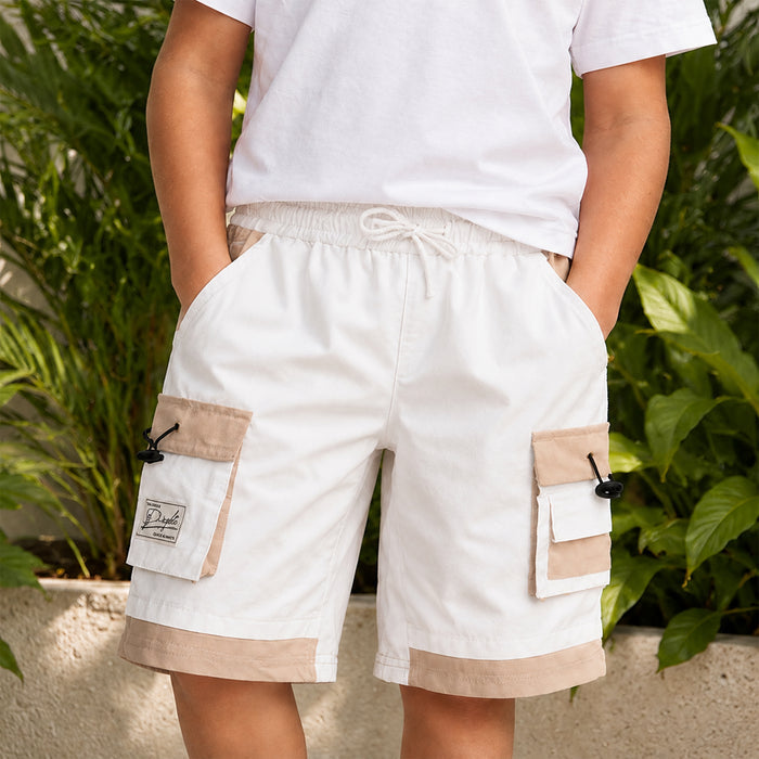 Kids Boys Bermuda in White with Cargo Pockets, Contrast Panels & Drawcord Comfort Waist