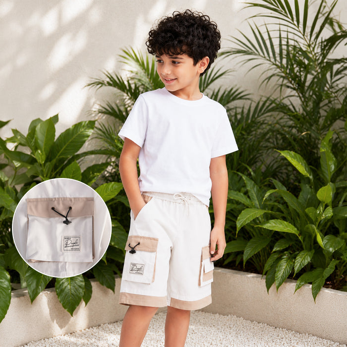 Kids Boys Bermuda in White with Cargo Pockets, Contrast Panels & Drawcord Comfort Waist