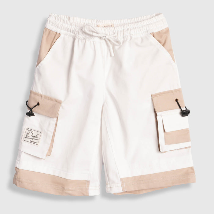 Kids Boys Bermuda in White with Cargo Pockets, Contrast Panels & Drawcord Comfort Waist