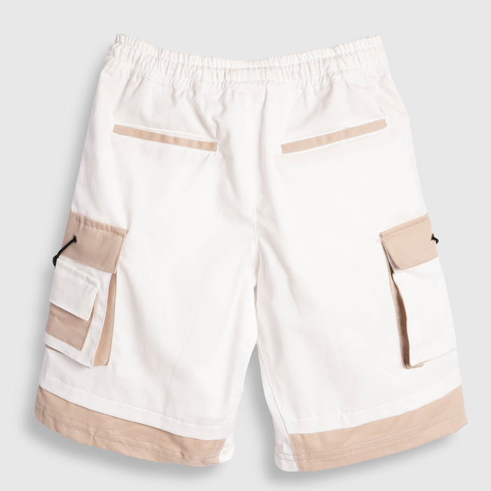 Kids Boys Bermuda in White with Cargo Pockets, Contrast Panels & Drawcord Comfort Waist