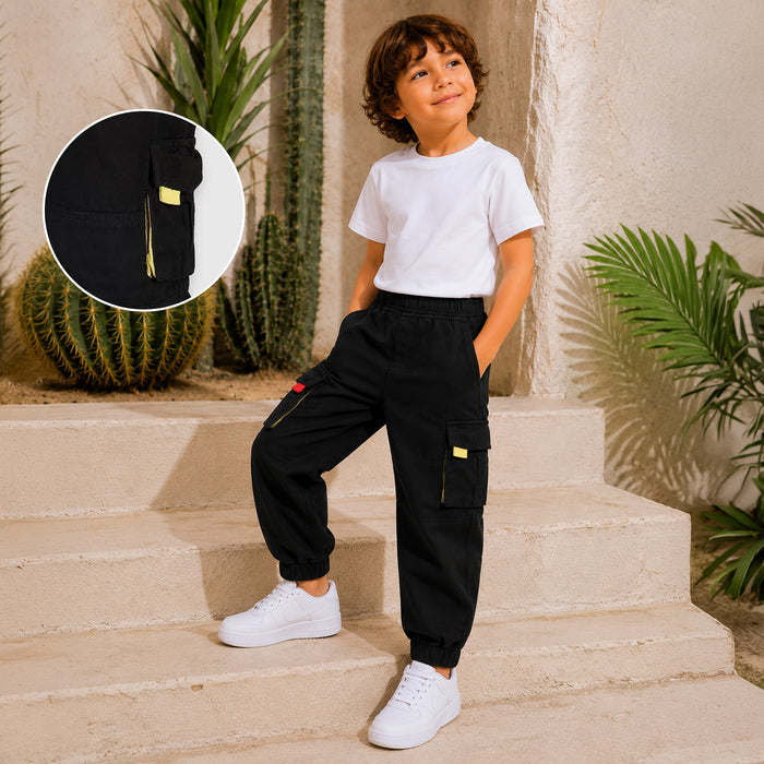 Kids Boys Black Cotton Twill Cargo Trousers