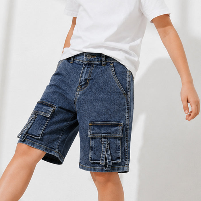 Kids Boys Cargo Bermuda in Mid Blue with Utility Pockets & Soft Denim Fabric for Active Play