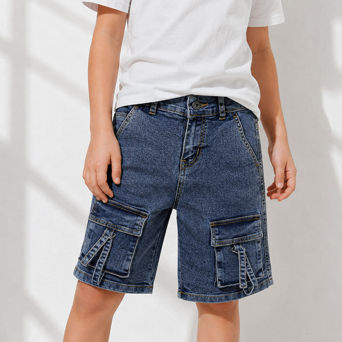 Kids Boys Cargo Bermuda in Mid Blue with Utility Pockets & Soft Denim Fabric for Active Play