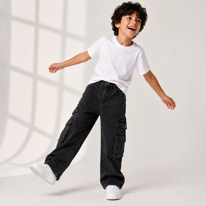 Kids Boys Cargo Denim Jeans in Black with Relaxed Fit, Utility Pocket Design & Soft Fabric