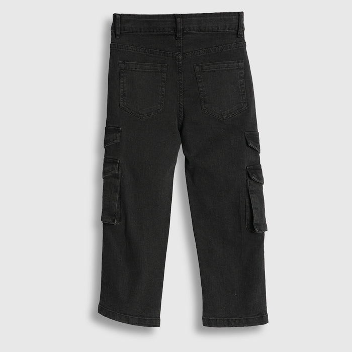 Kids Boys Cargo Denim Jeans in Black with Relaxed Fit, Utility Pocket Design & Soft Fabric
