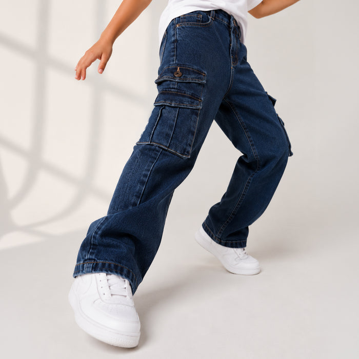 Kids Boys Cargo Denim Jeans in Dark Blue with Relaxed Fit, Utility Pockets & Soft Fabric