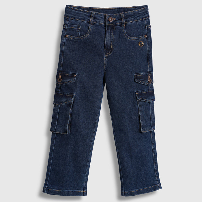 Kids Boys Cargo Denim Jeans in Dark Blue with Relaxed Fit, Utility Pockets & Soft Fabric