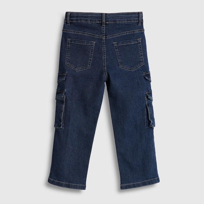 Kids Boys Cargo Denim Jeans in Dark Blue with Relaxed Fit, Utility Pockets & Soft Fabric