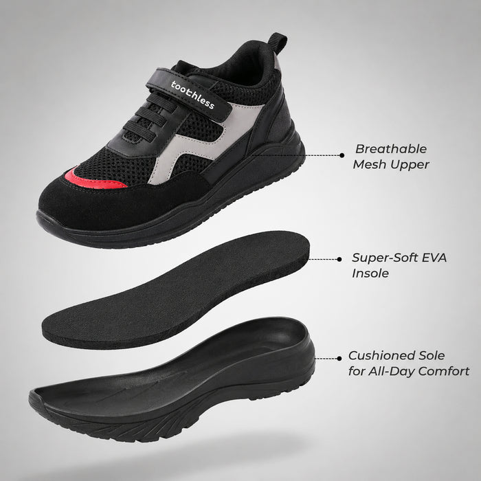 Kids Boys Casual Shoes in Black & Grey with Secure Fit, Mesh Ventilation & Sporty Style